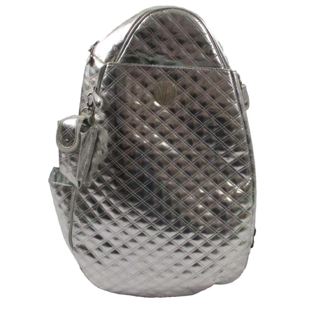 Life Is Tennis Metallic Quilted Backpack Bag Silver Tennis Racket Holder Gear